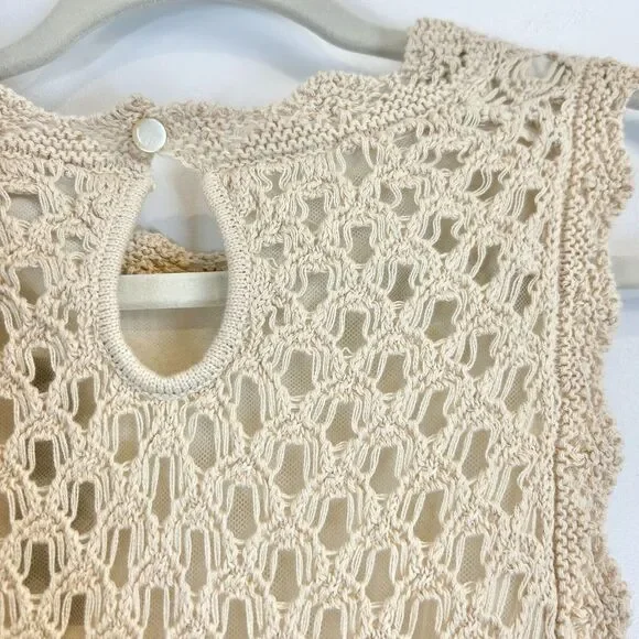 J. Crew Sweater Dress Womens M Toasted Cream Pointelle‎ Sleeveless Crochet Boho - Picture 9 of 14
